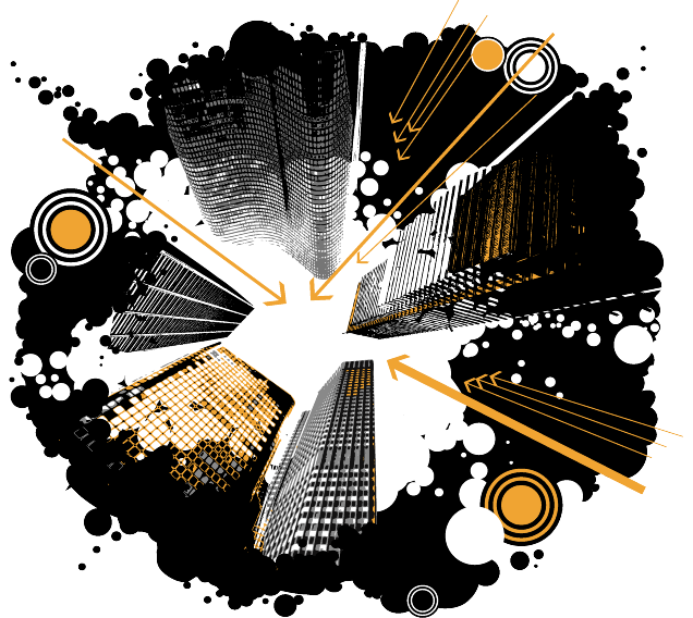 Abstract City Skyline with Orange Arrows