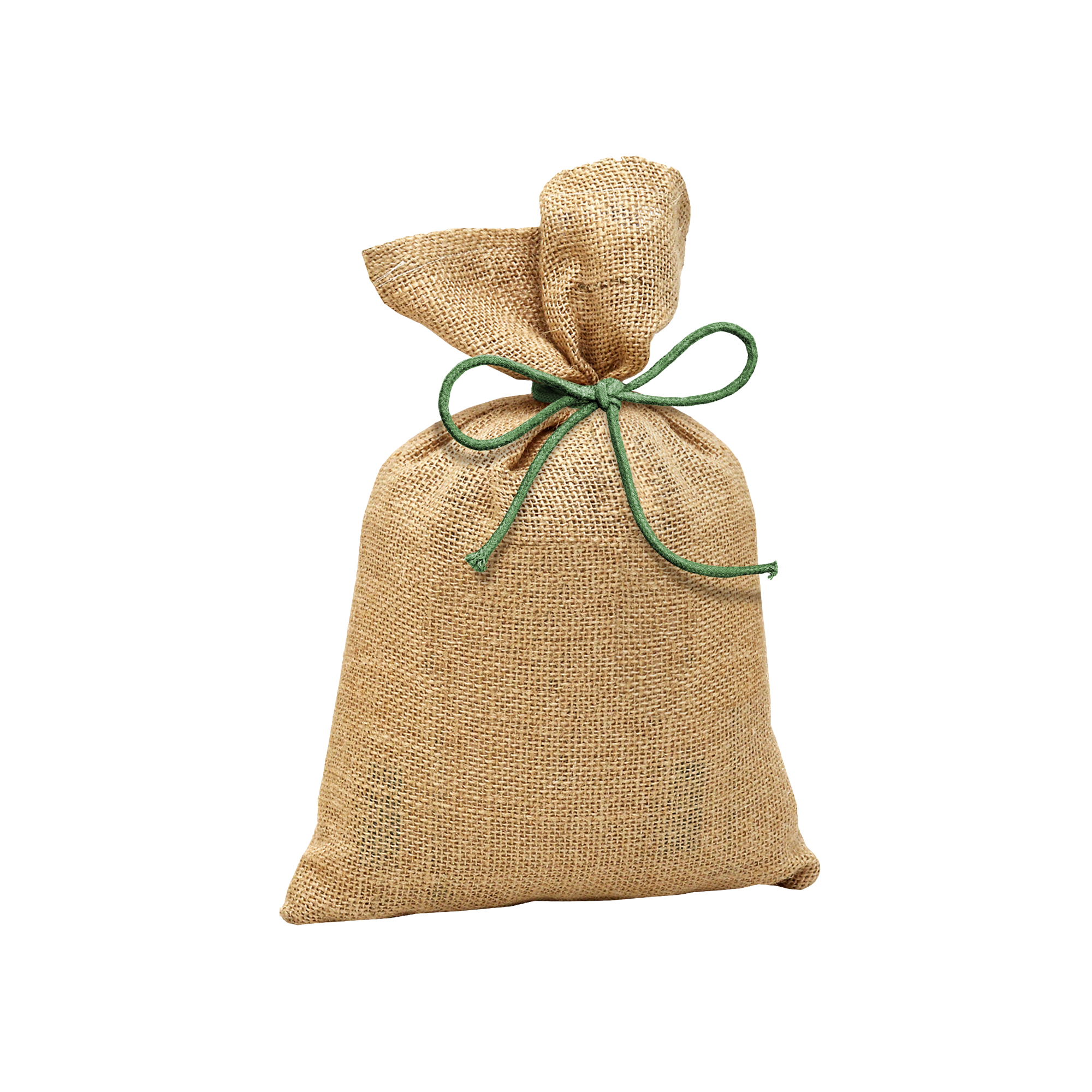Tan Burlap Gift Sack with Green Cord Bow