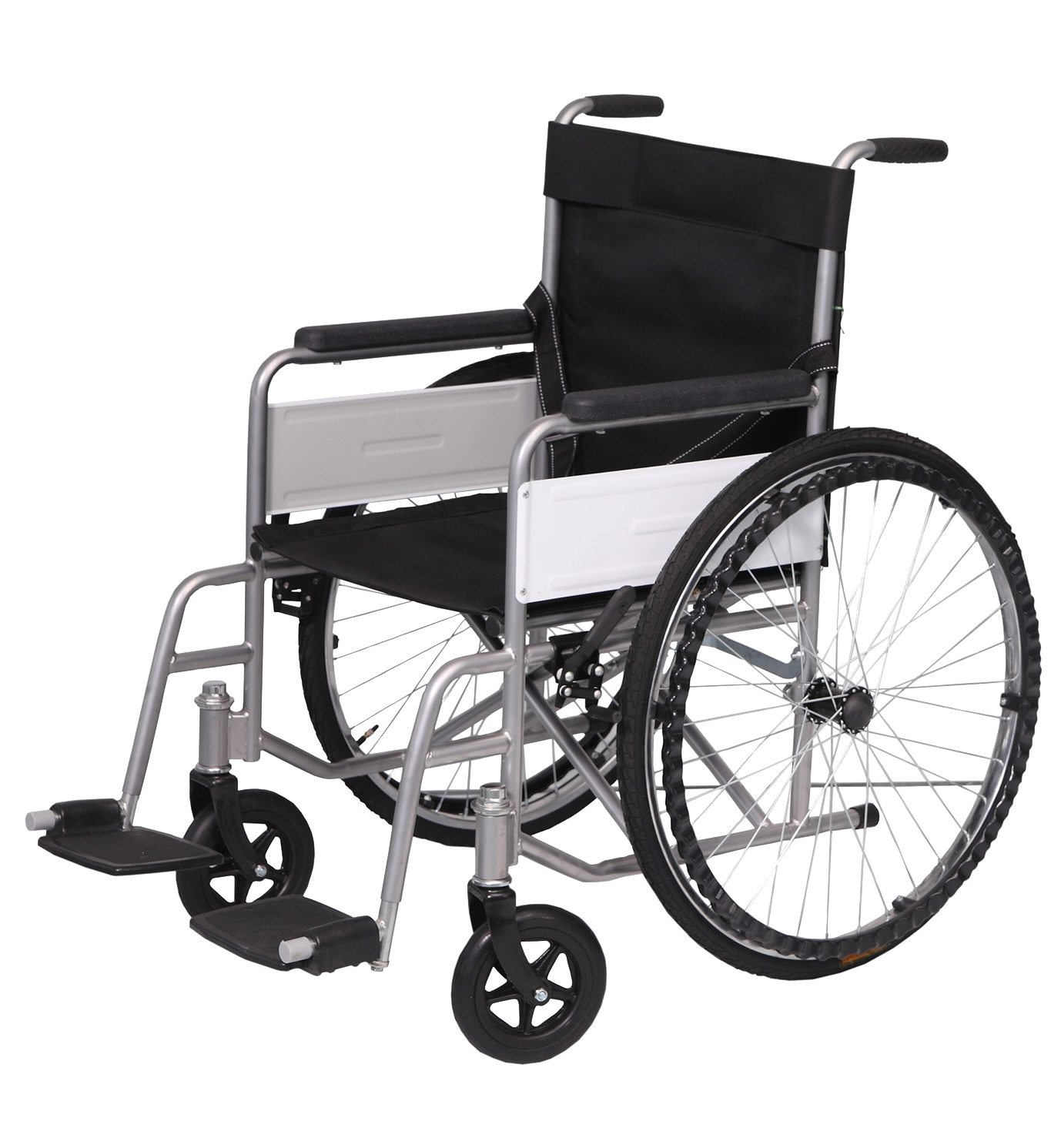 Black and silver manual wheelchair with large rear wheels Isolated Transparent Background PNG Image