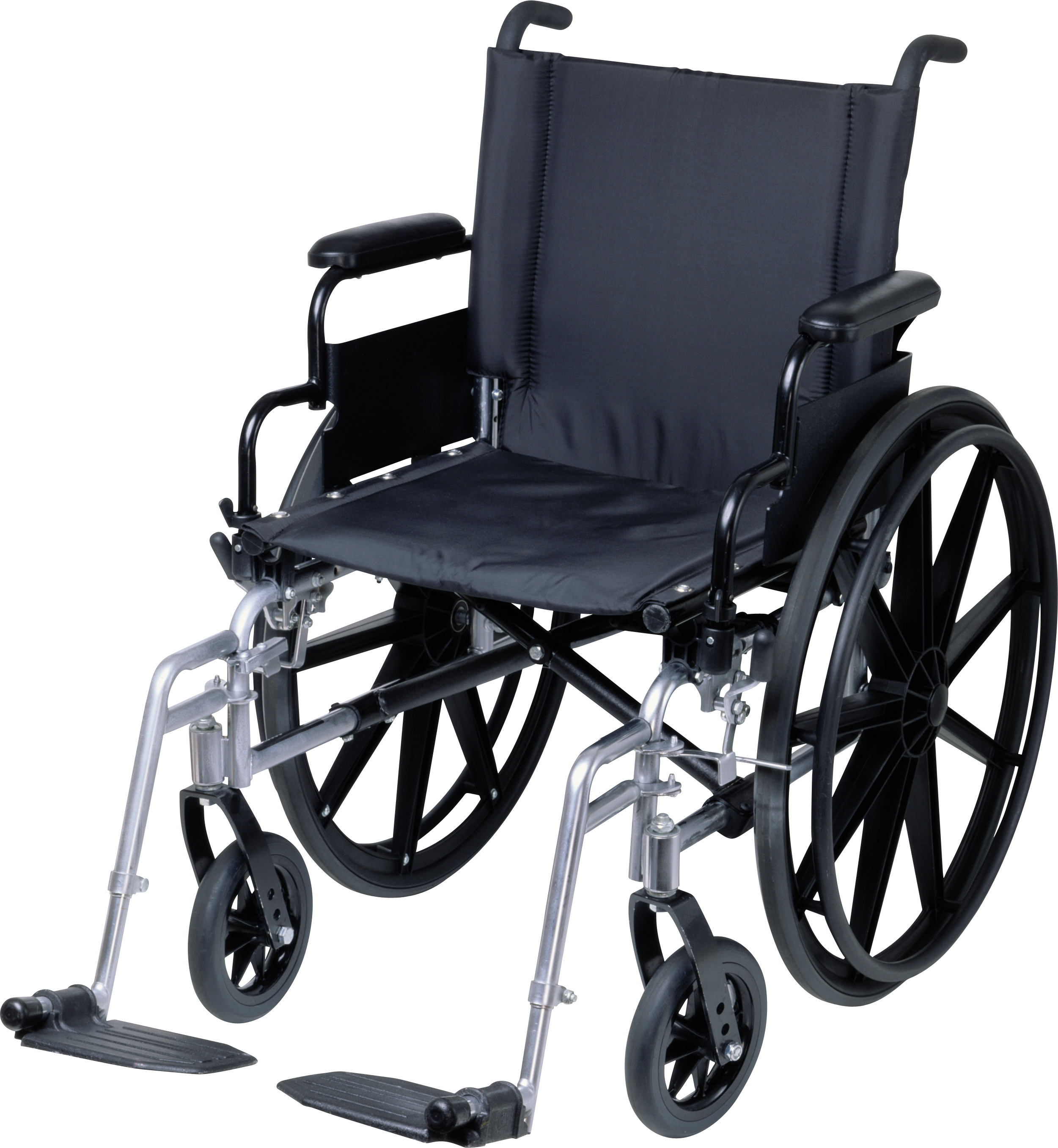 Black folding manual wheelchair with silver frame angled view Isolated Transparent Background PNG Image