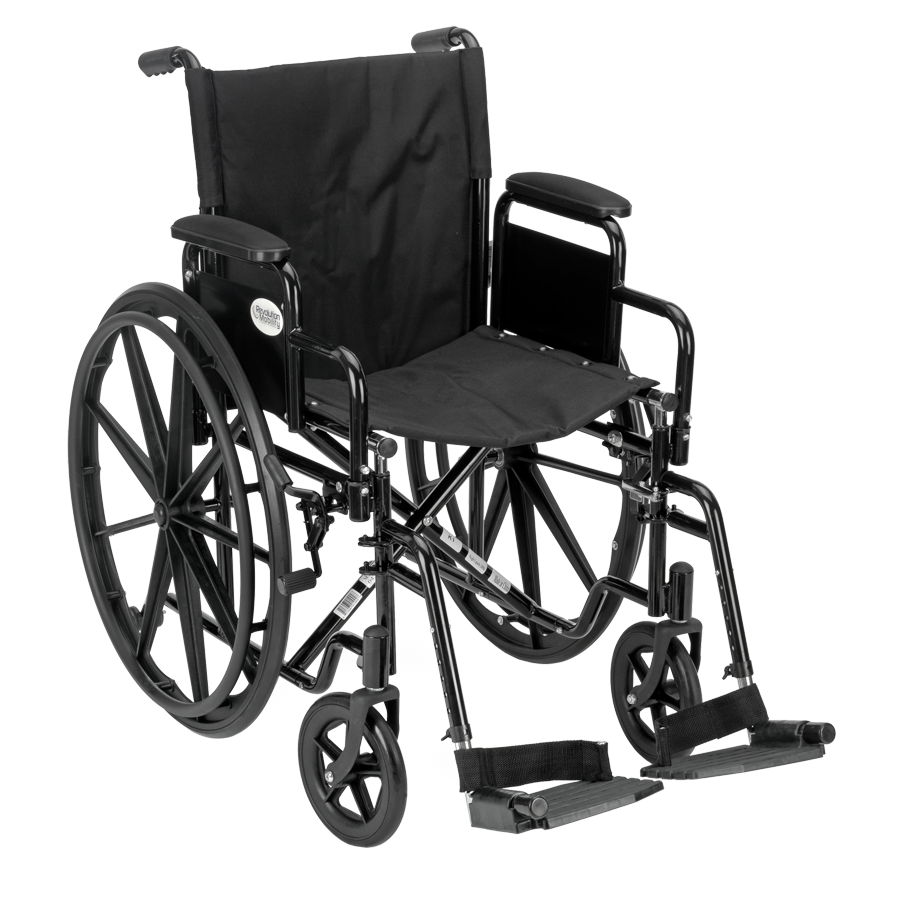 Black folding wheelchair with footrests front angled view Isolated Transparent Background PNG Image
