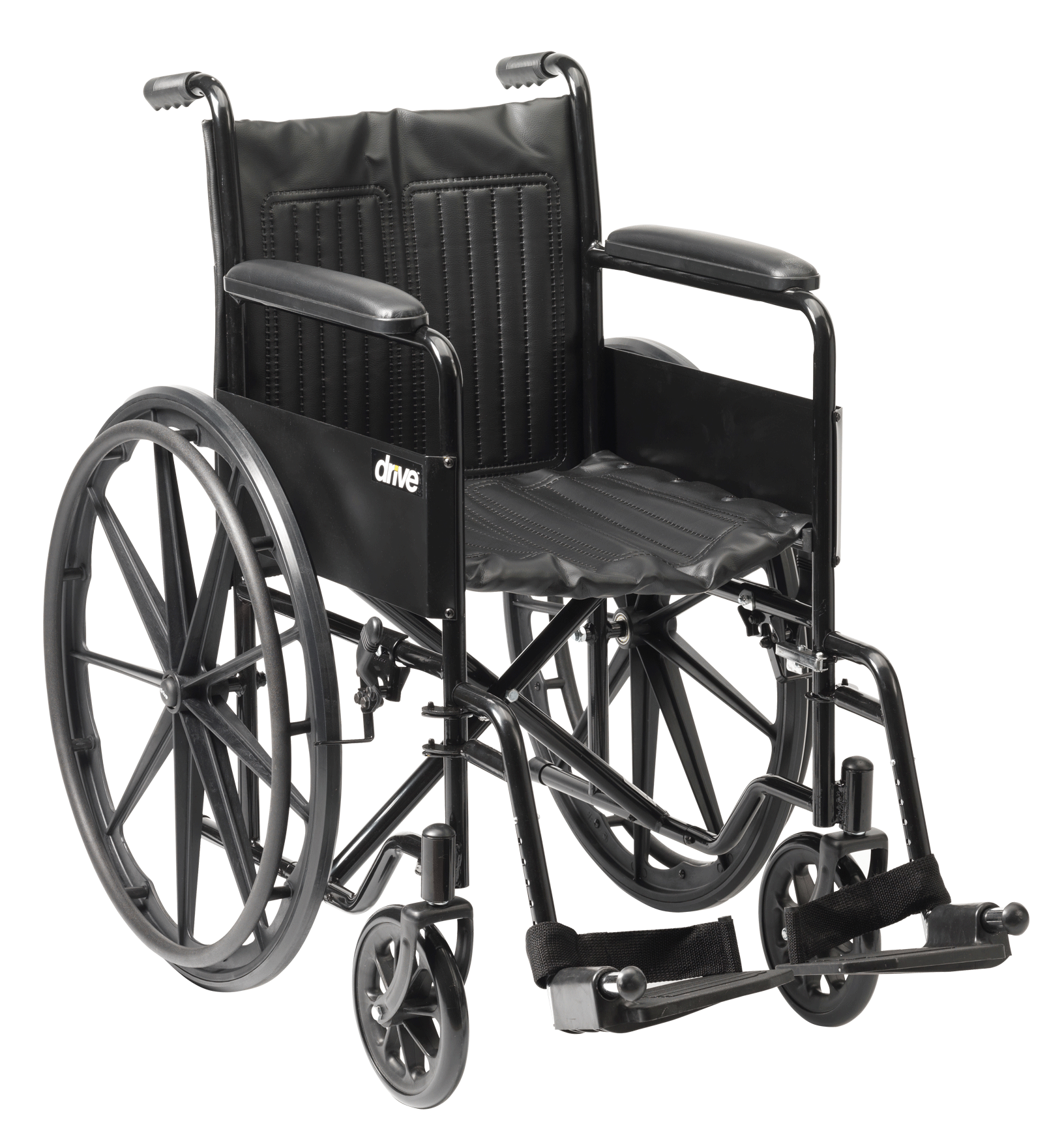 Black manual wheelchair with armrests and swing away footrests Isolated Transparent Background PNG Image