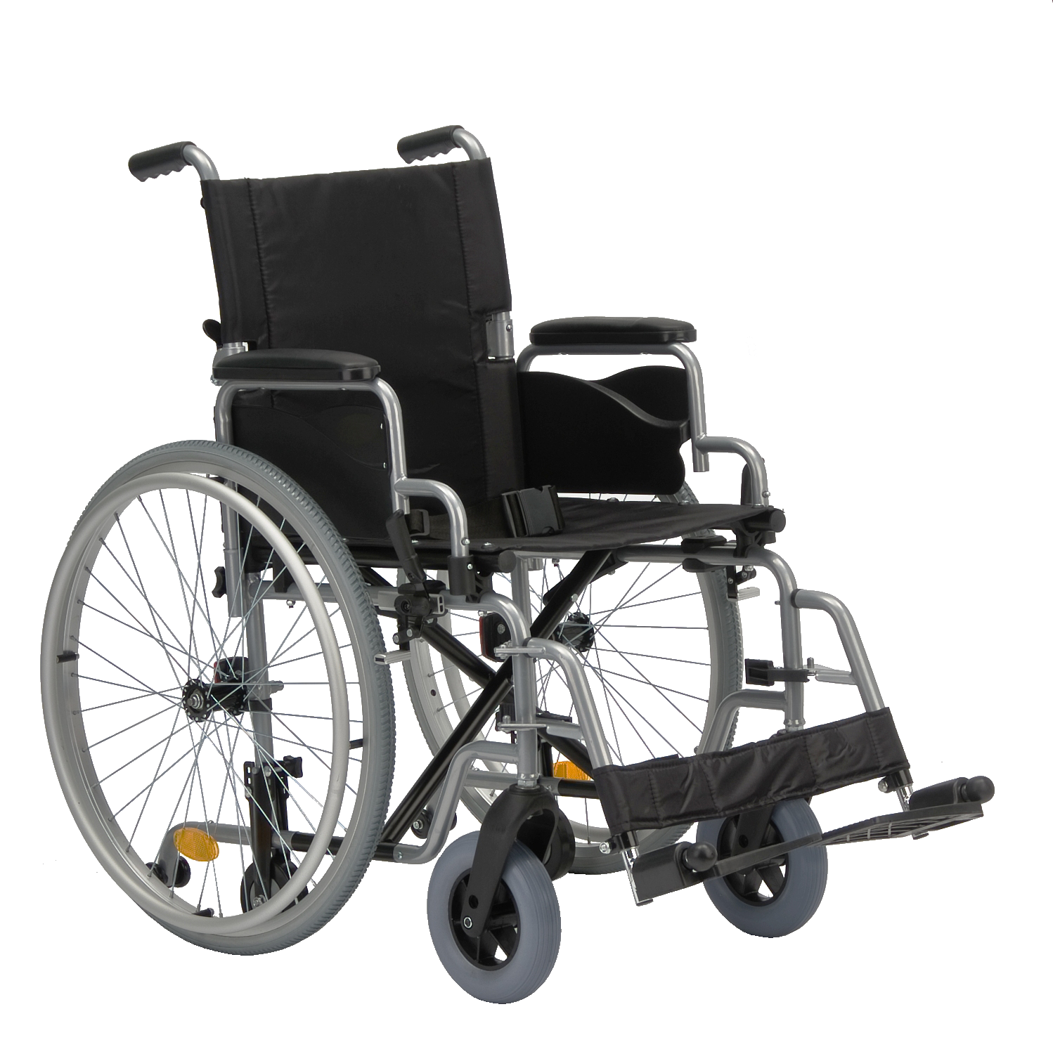 Black manual wheelchair with silver frame and folding footrests Isolated Transparent Background PNG Image