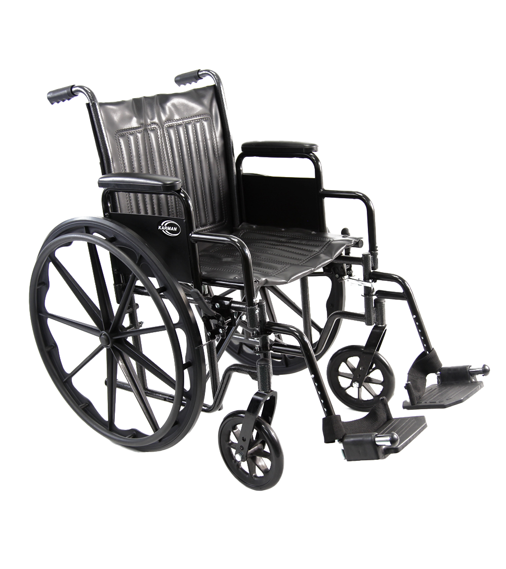 Black manual wheelchair with silver frame and padded backrest Isolated Transparent Background PNG Image