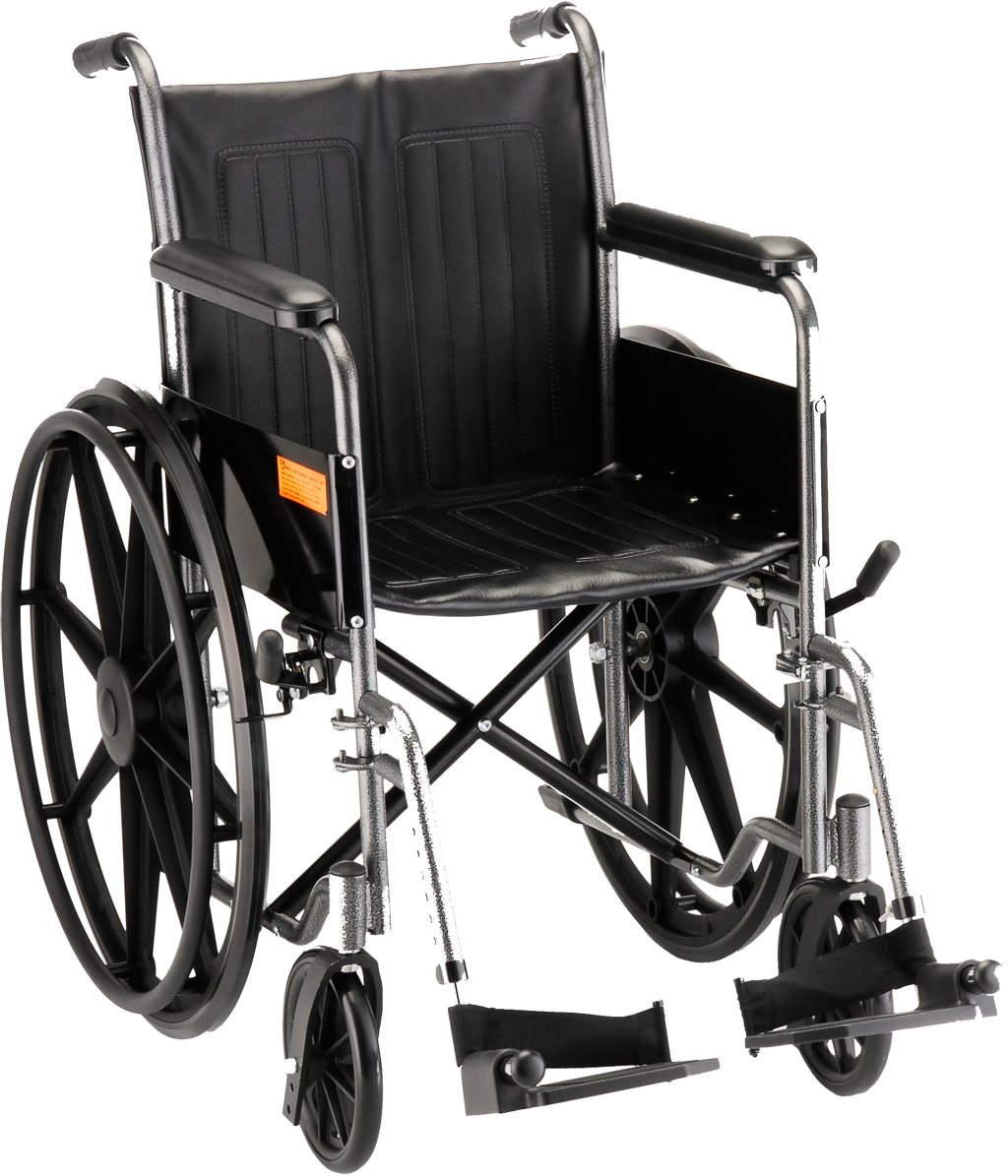Black manual wheelchair with silver frame front angled view Isolated Transparent Background PNG Image
