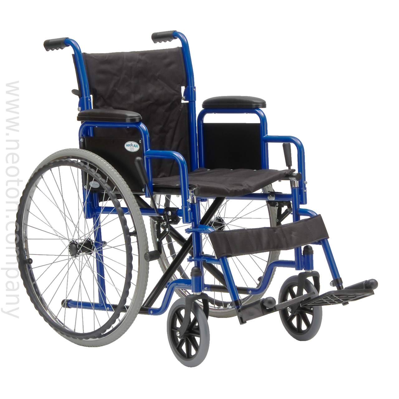 Blue folding manual wheelchair with footrests and large rear wheels Isolated Transparent Background PNG Image