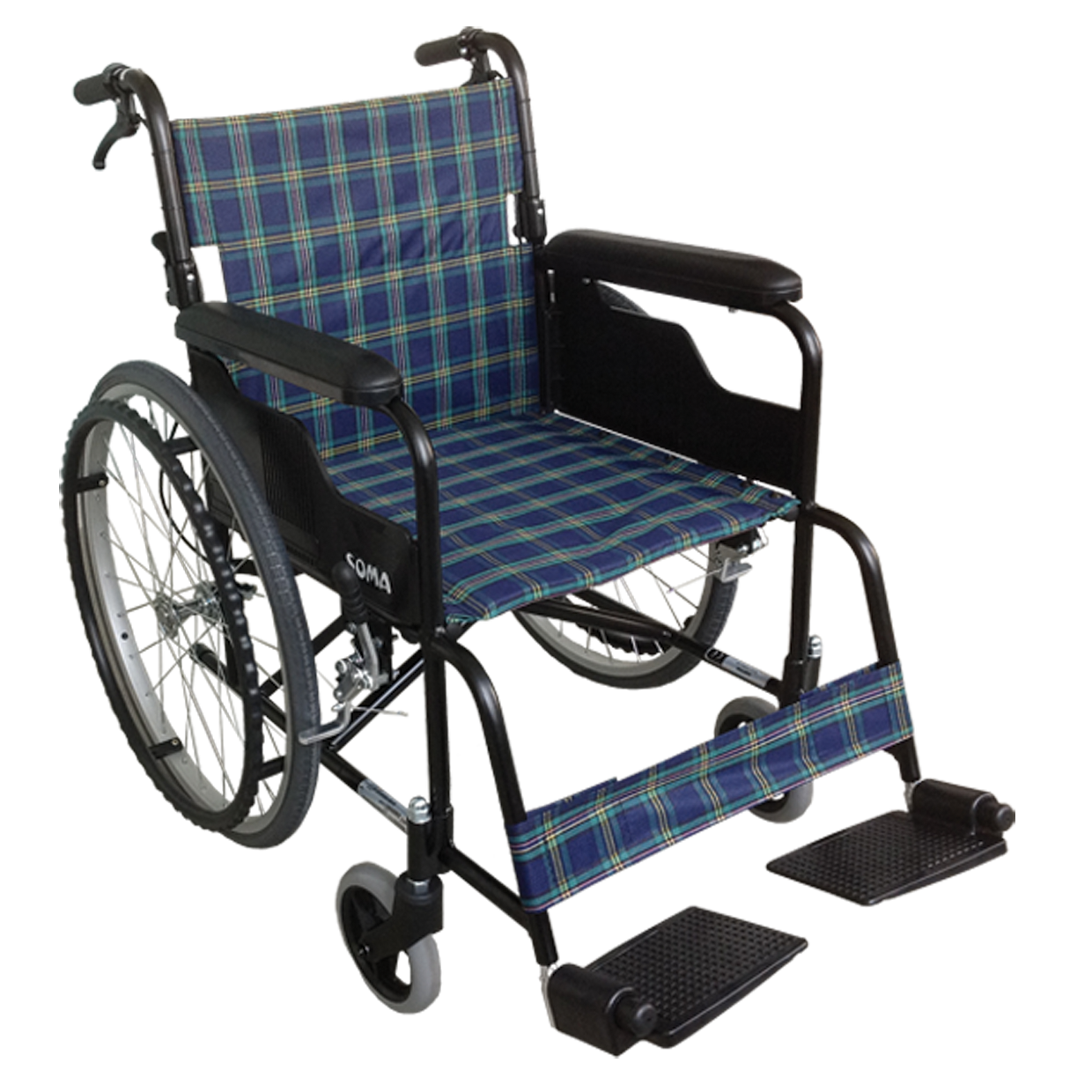 Blue plaid fabric manual wheelchair with padded armrests Isolated Transparent Background PNG Image