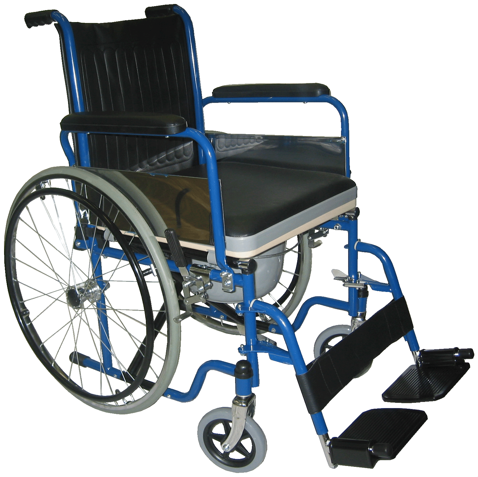 Blue steel manual wheelchair with black seat and folding footrests Isolated Transparent Background PNG Image