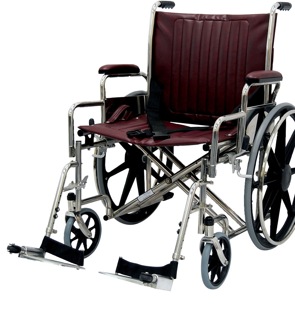 Burgundy padded manual wheelchair with silver frame front view Isolated Transparent Background PNG Image