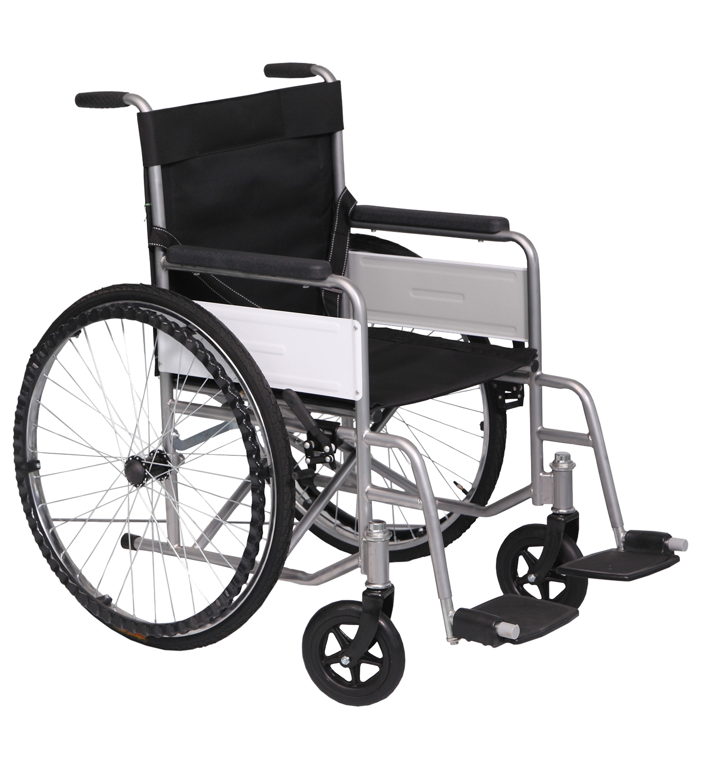 Lightweight silver manual wheelchair with black seat side view Isolated Transparent Background PNG Image