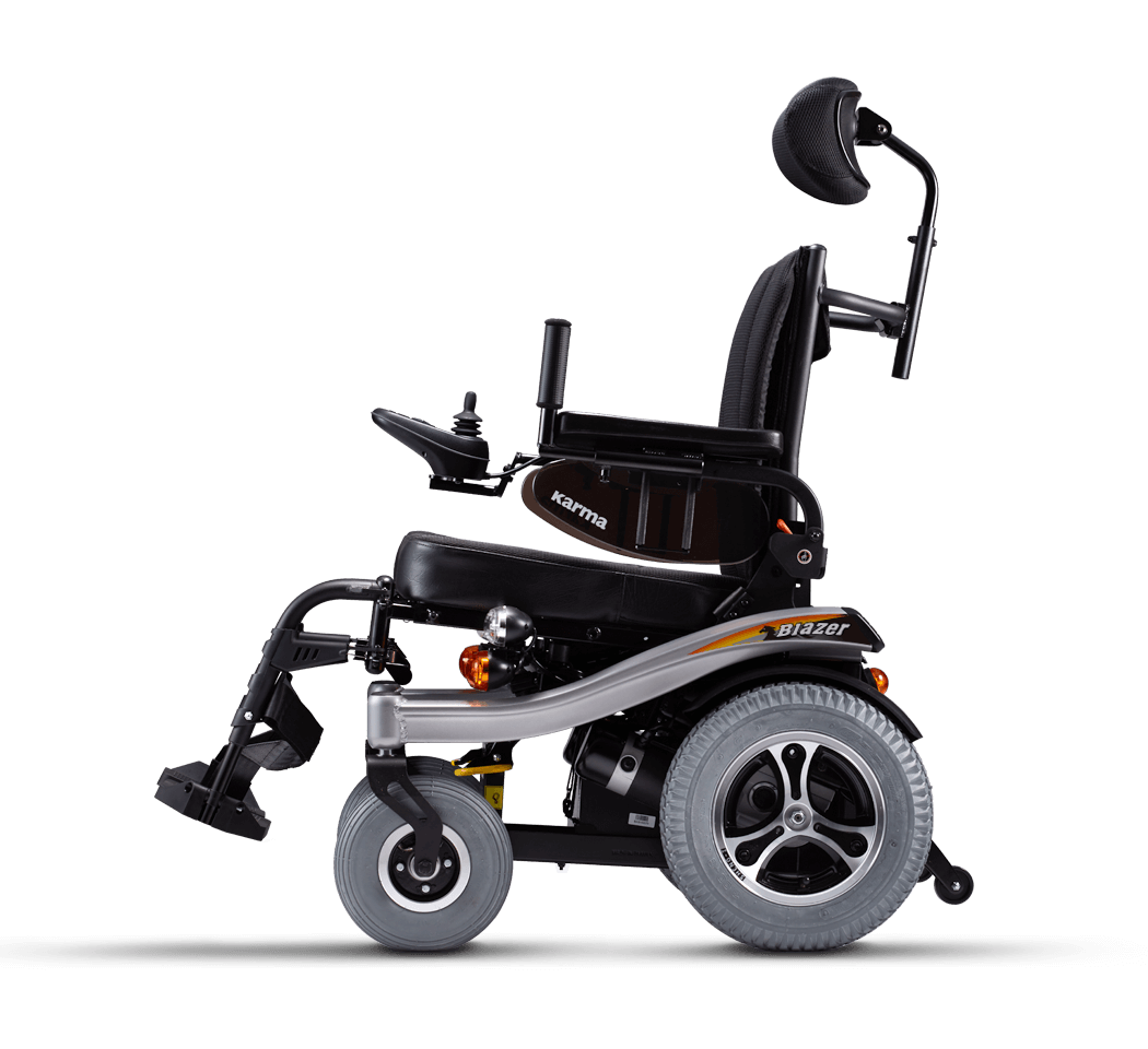 Modern powered electric wheelchair with headrest side view Isolated Transparent Background PNG Image
