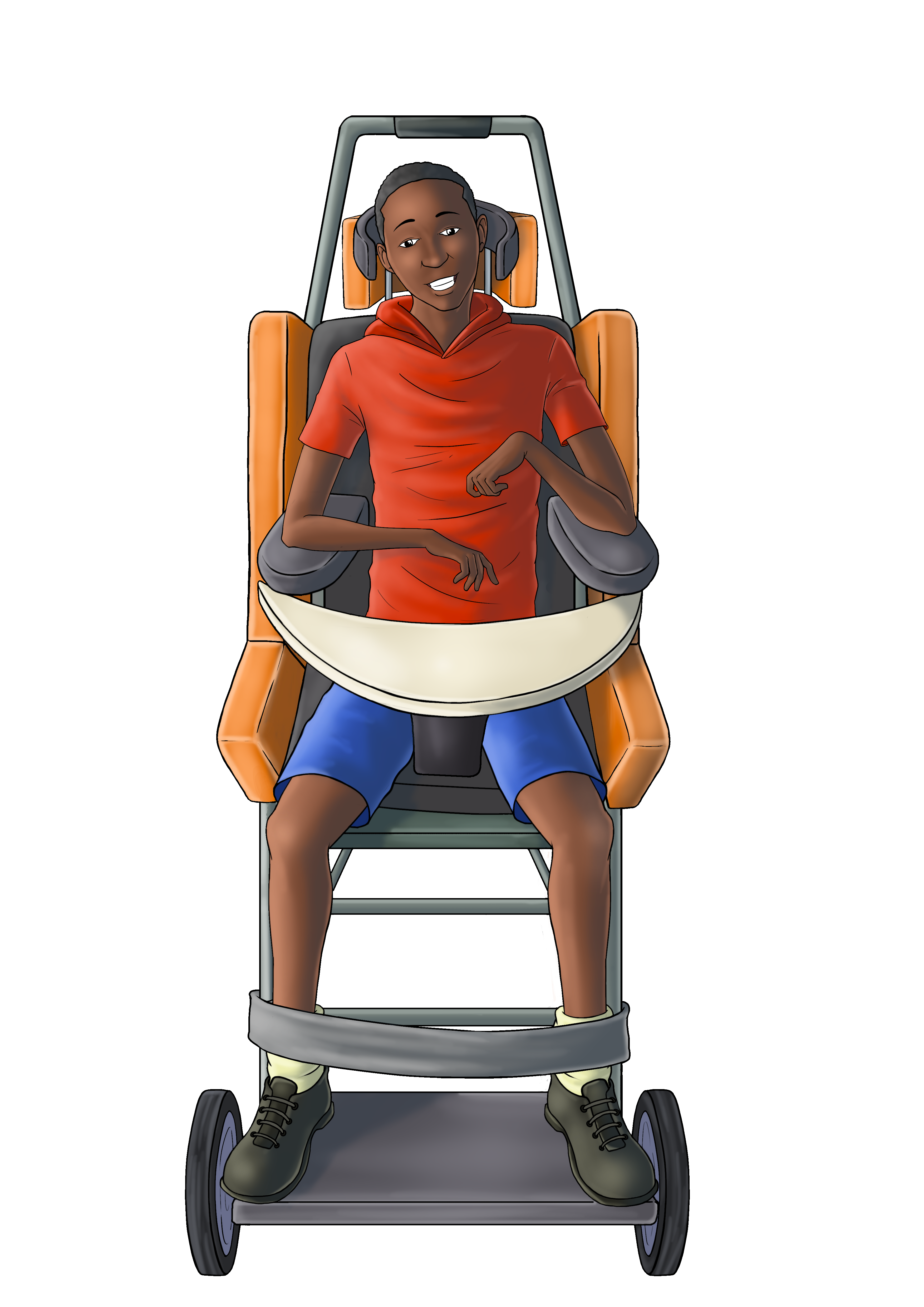 Person seated in orange supported mobility wheelchair front view Isolated Transparent Background PNG Image