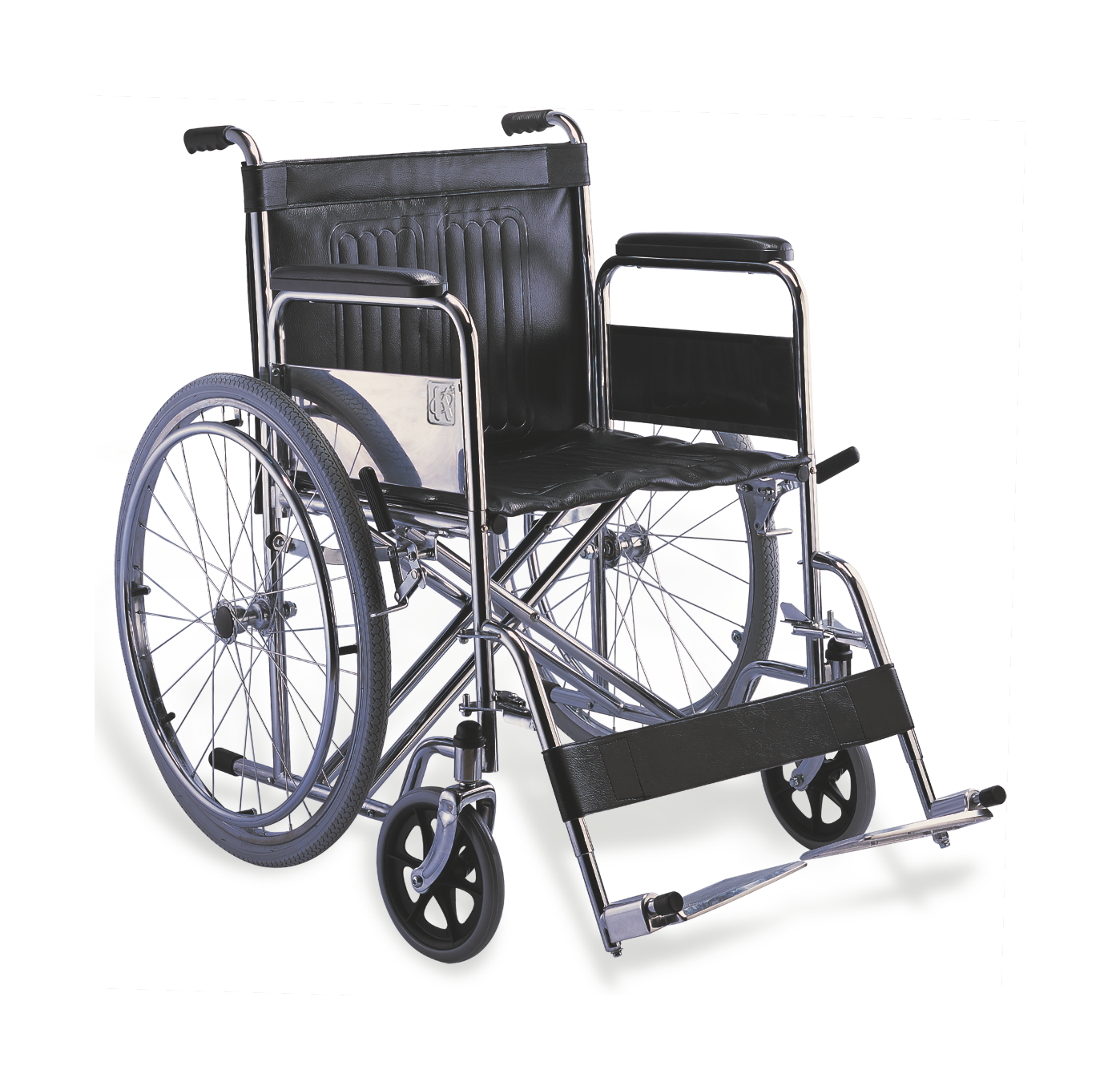 Silver folding manual wheelchair with black upholstery and footrests Isolated Transparent Background PNG Image