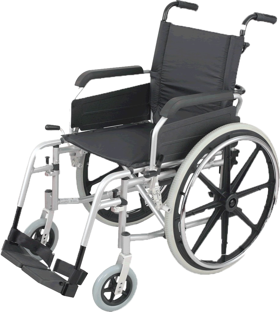 Silver frame manual wheelchair with padded black seat and footrests Isolated Transparent Background PNG Image