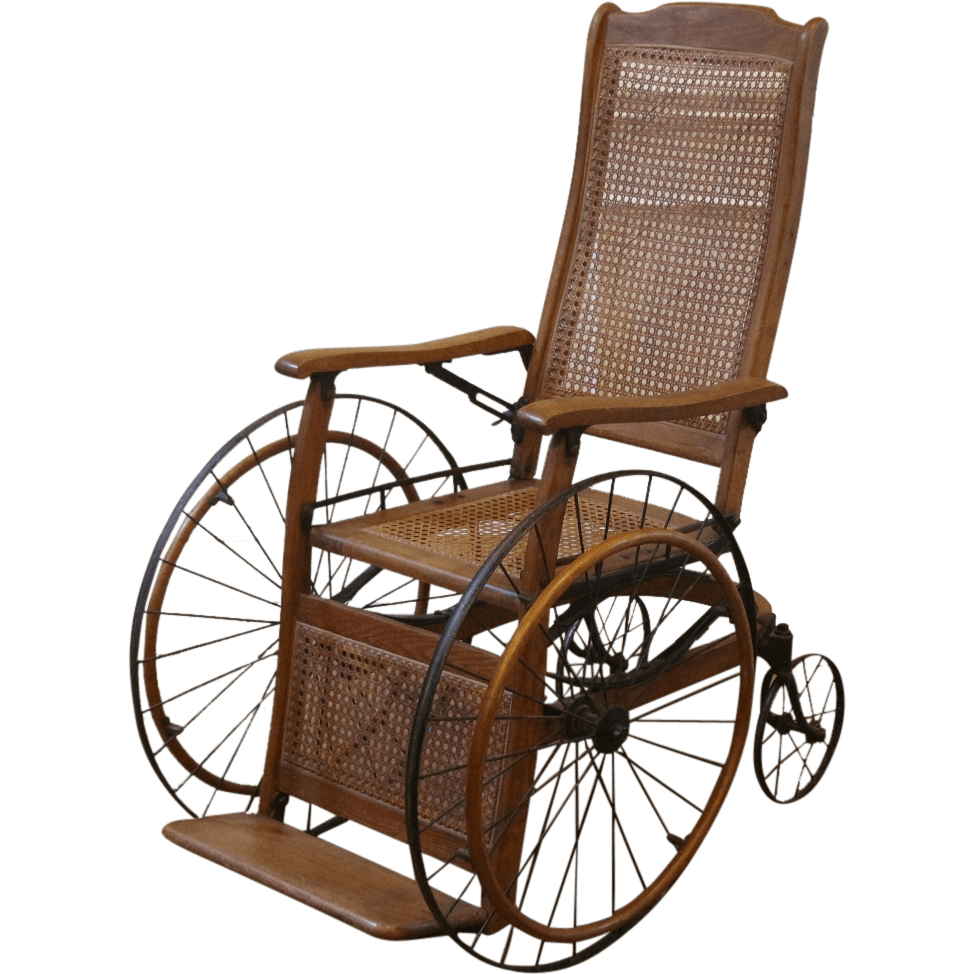 Vintage wooden wheelchair with wicker backrest Isolated Transparent Background PNG Image