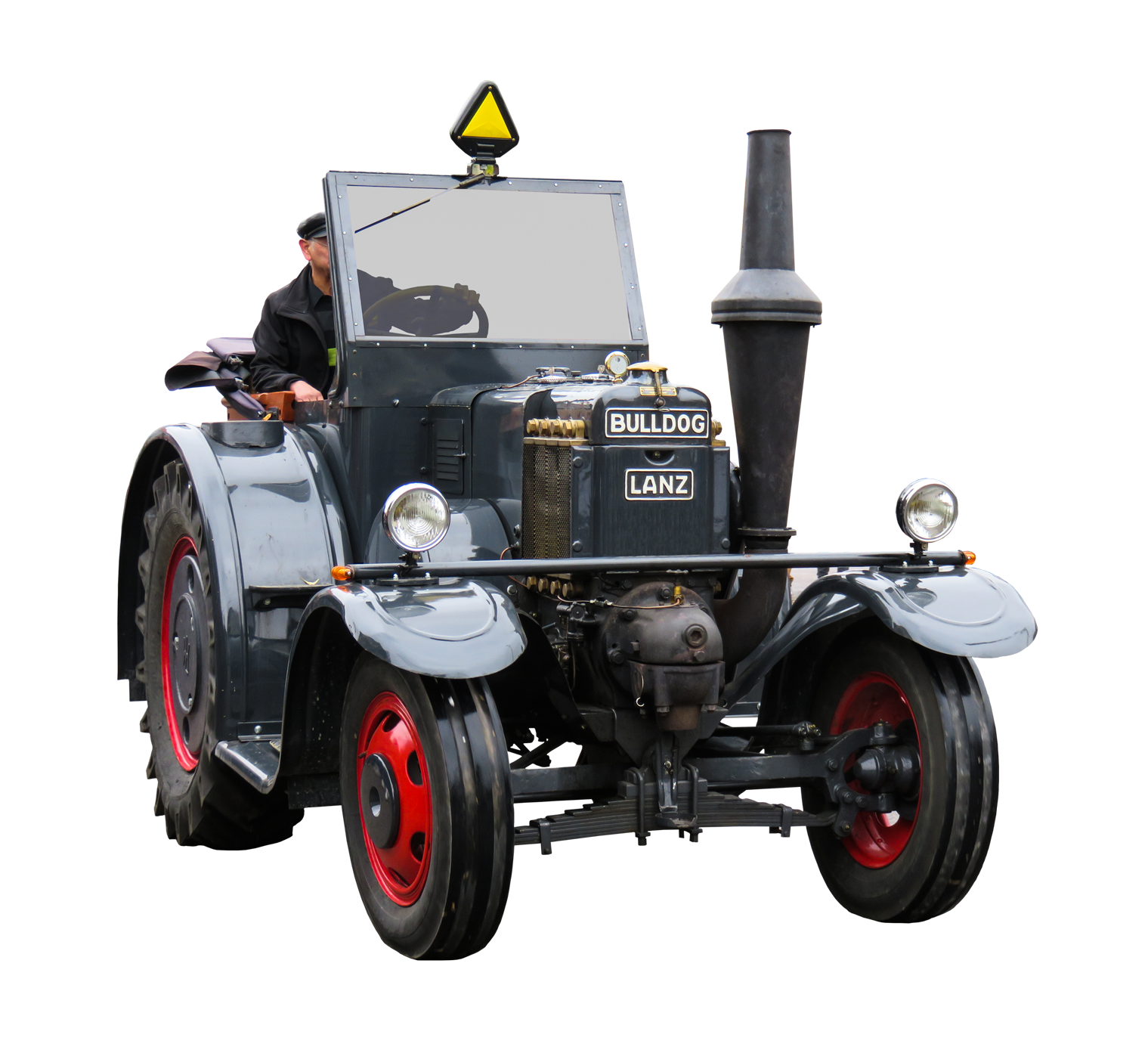 Antique Gray Tractor With Driver Front Angle View Isolated Transparent Background PNG Image