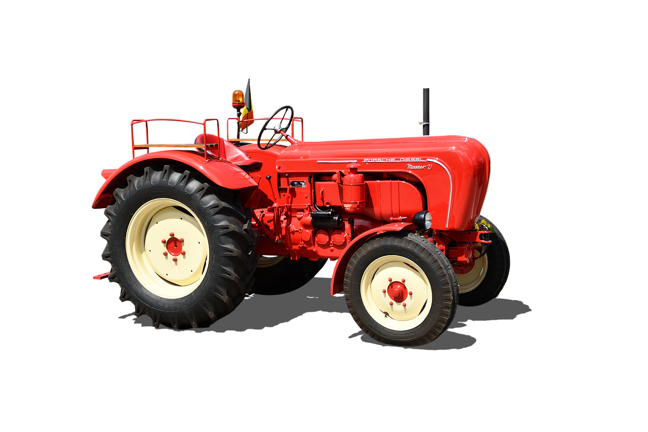 Classic Red Farm Tractor With White Wheels Side View Isolated Transparent Background PNG Image