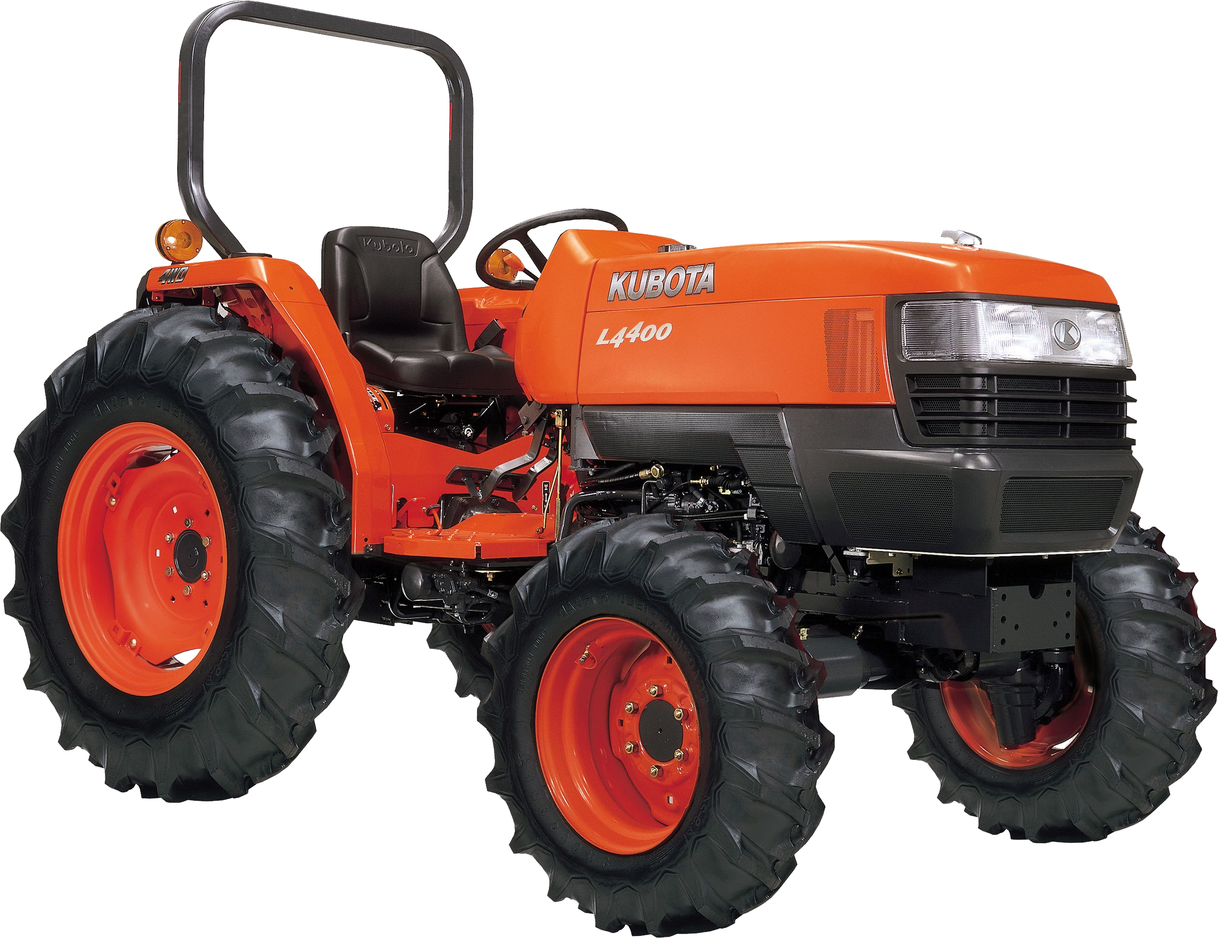 Orange Compact Farm Tractor With Roll Bar Three Quarter View Isolated Transparent Background PNG Image