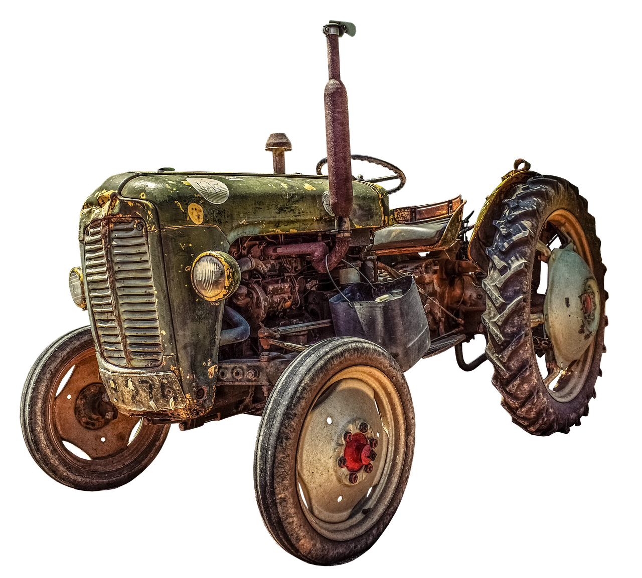 Rusty Antique Farm Tractor With Metal Wheels Isolated Transparent Background PNG Image