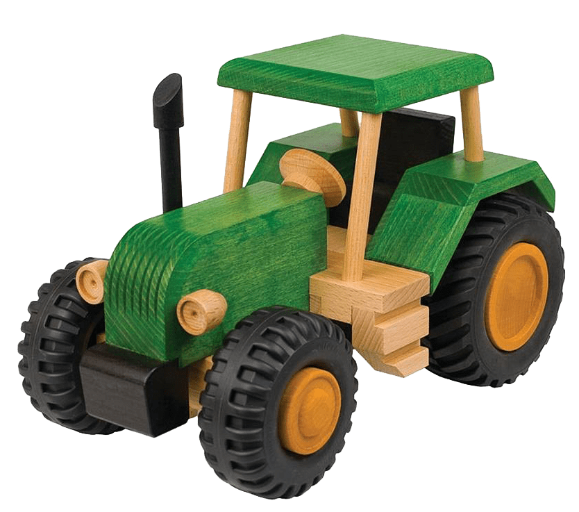 Wooden Green Farm Tractor Toy With Large Wheels Isolated Transparent Background PNG Image