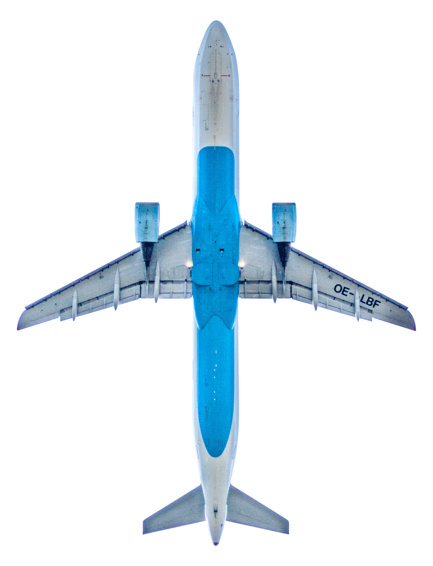 Blue And White Passenger Airplane Top Down View Isolated Transparent Background PNG Image