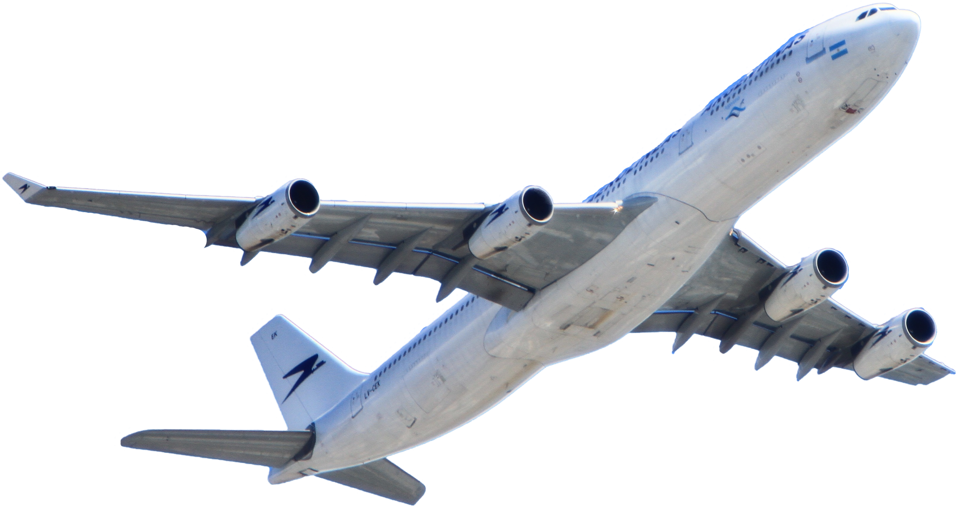 Large White Four Engine Jet Airplane Flying Overhead Isolated Transparent Background PNG Image