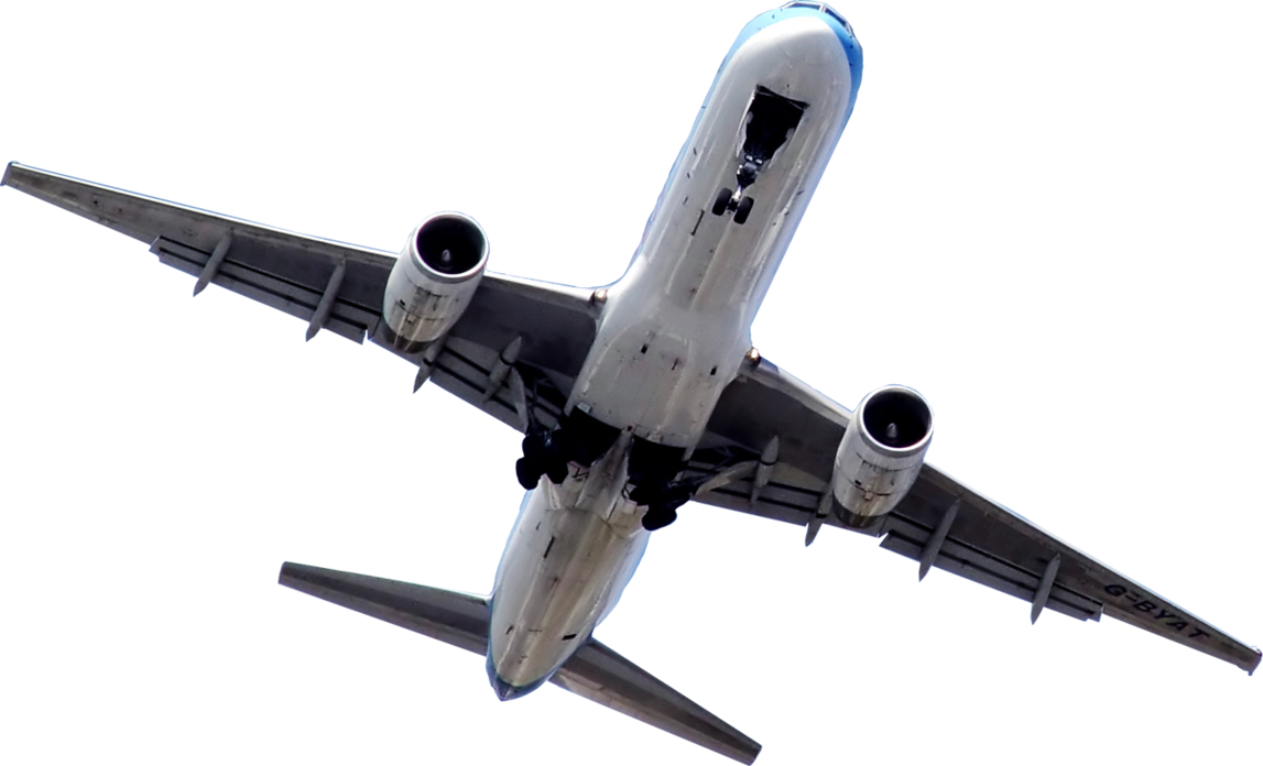 Large White Four Engine Passenger Airplane Viewed From Below Isolated Transparent Background PNG Image