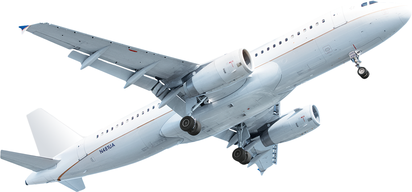 White Commercial Aircraft Viewed From Below Landing Gear Down Isolated Transparent Background PNG Image
