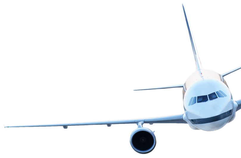 White Commercial Airplane Front Angle View With Blue Engine Isolated Transparent Background PNG Image