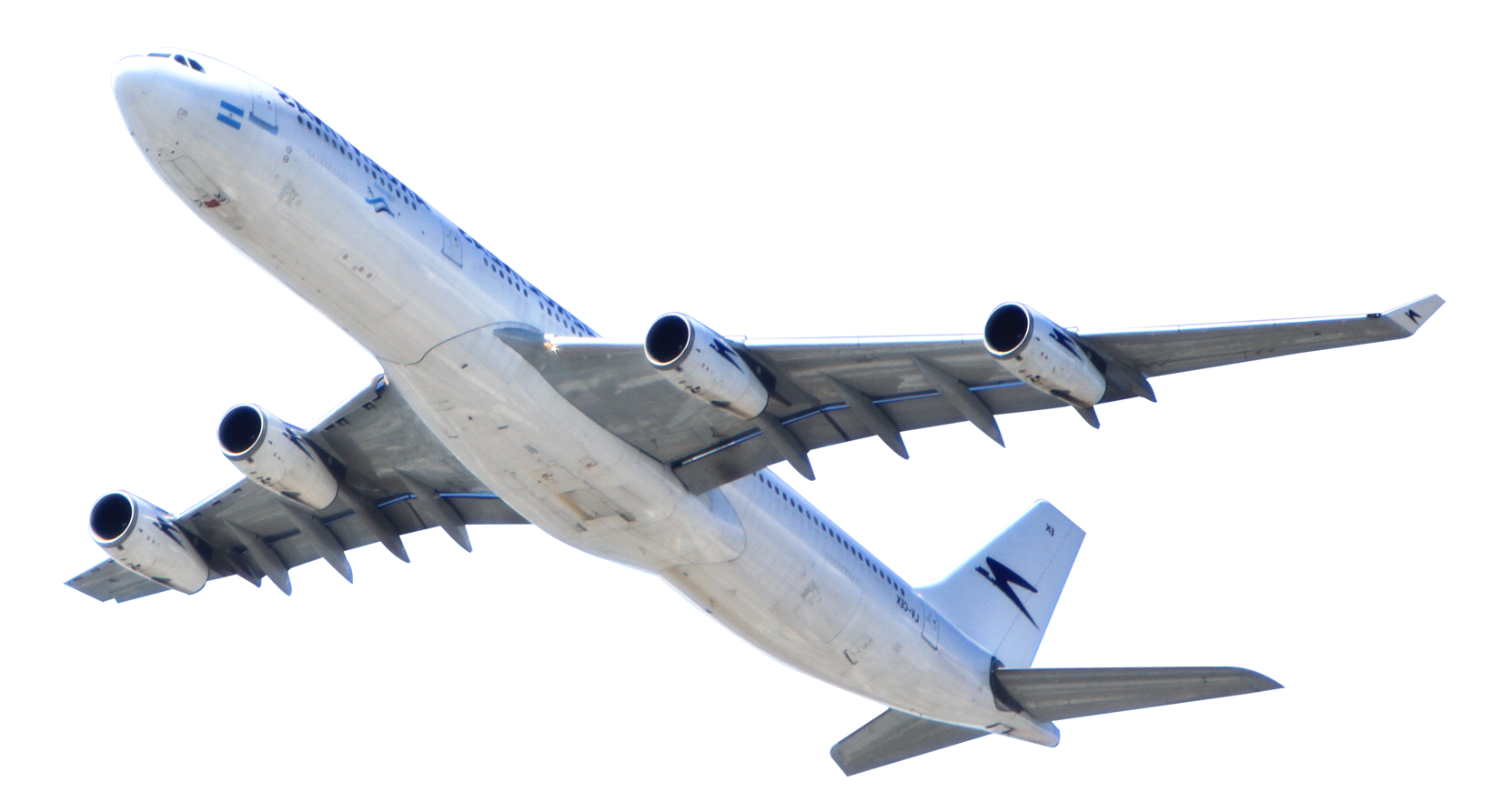 White Four Engine Passenger Airplane Climbing In Flight Isolated Transparent Background PNG Image