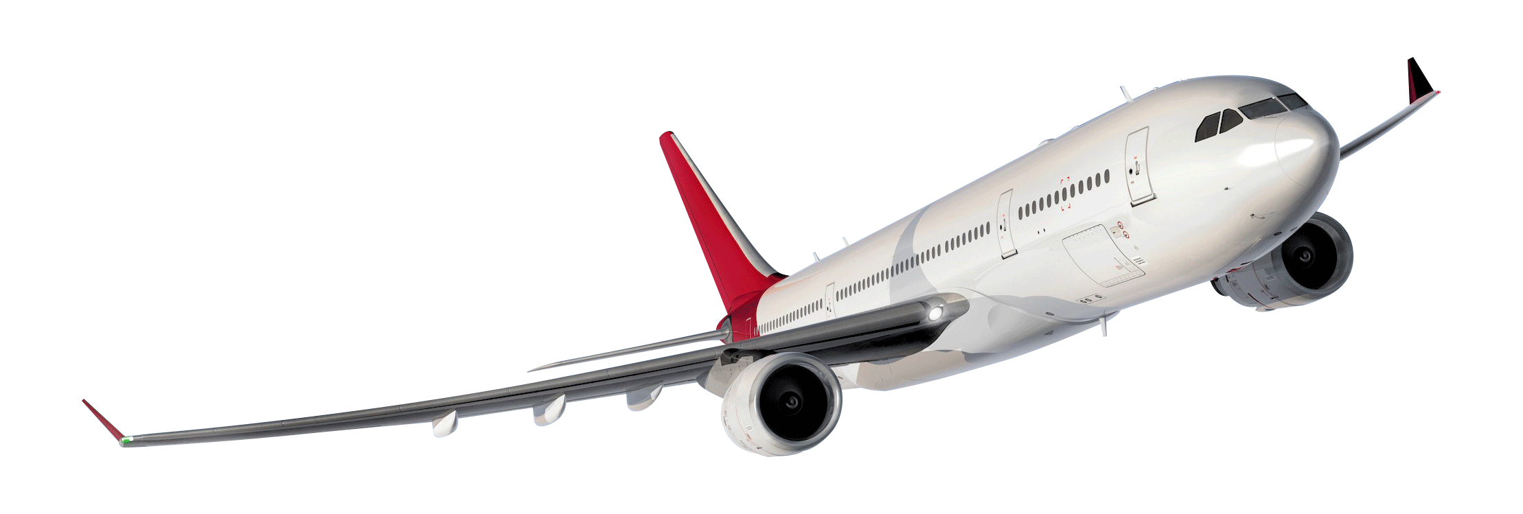 White Passenger Aircraft With Red Tail Flying Angle View Isolated Transparent Background PNG Image