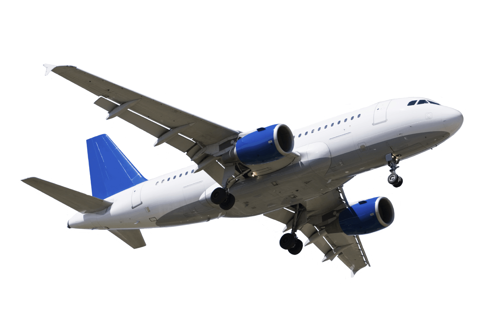 White Passenger Airplane With Blue Engines Landing Gear Down Isolated Transparent Background PNG Image