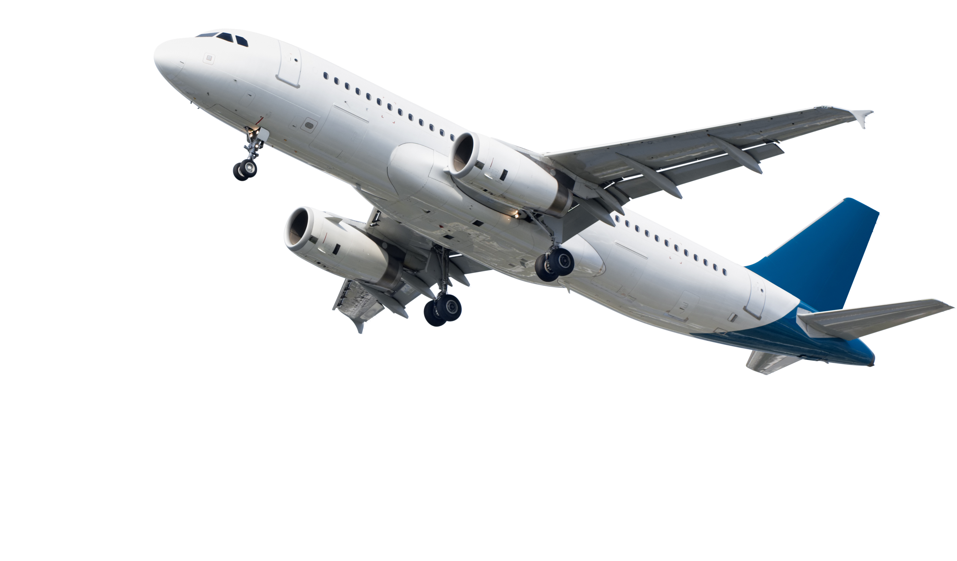 White Passenger Jet Flying With Landing Gear Extended Isolated Transparent Background PNG Image