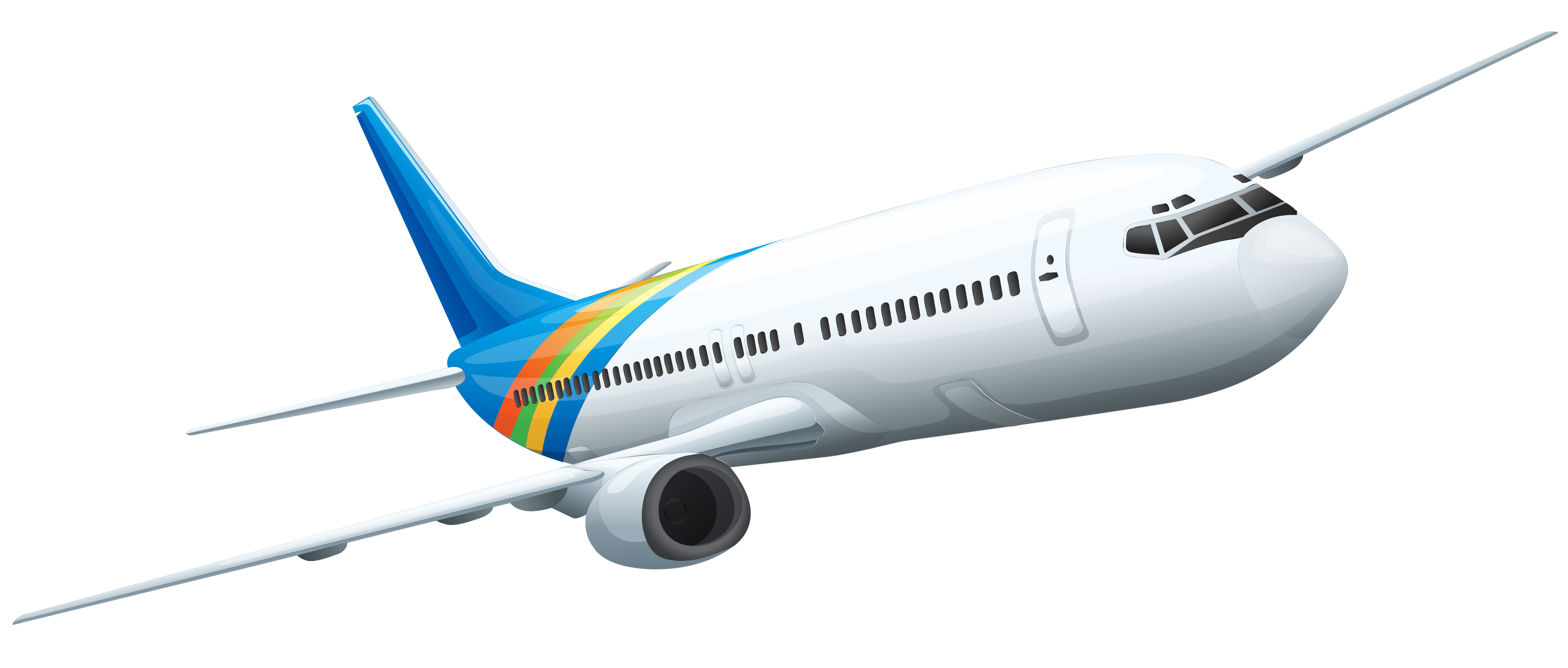 White Passenger Jet With Colorful Blue Yellow Tail In Flight Isolated Transparent Background PNG Image