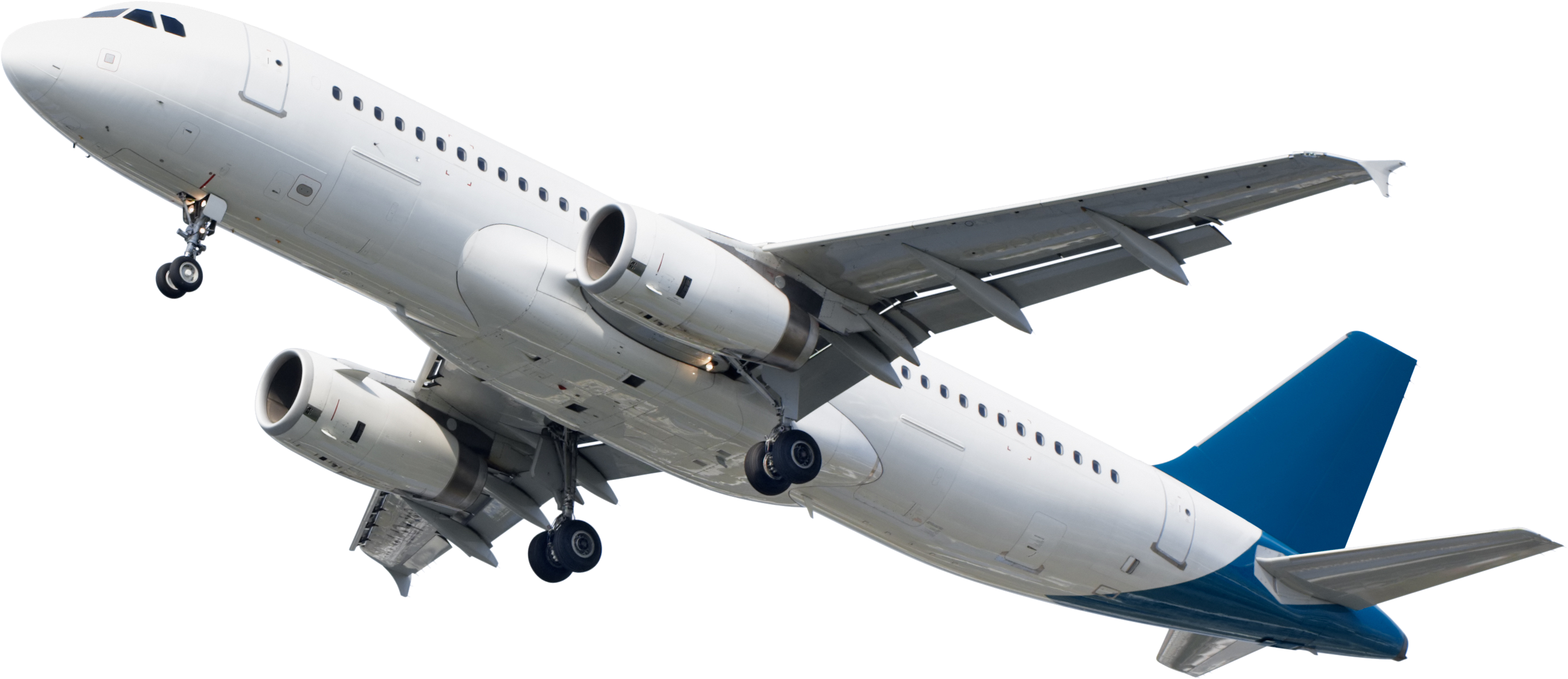 White Twin Engine Passenger Airplane Landing Gear Extended Isolated Transparent Background PNG Image