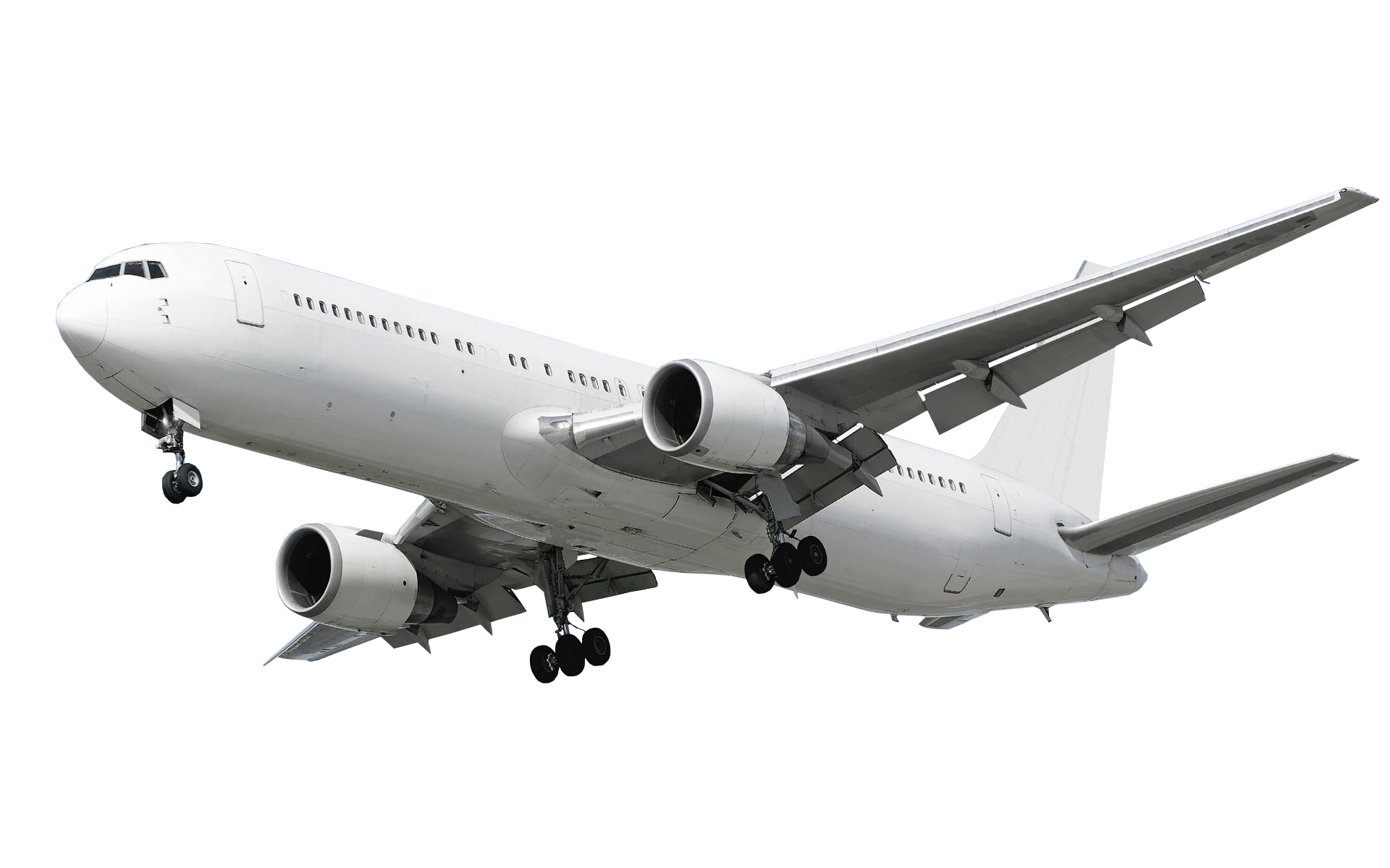 White Widebody Jet Airplane Landing Gear Down In Flight Isolated Transparent Background PNG Image