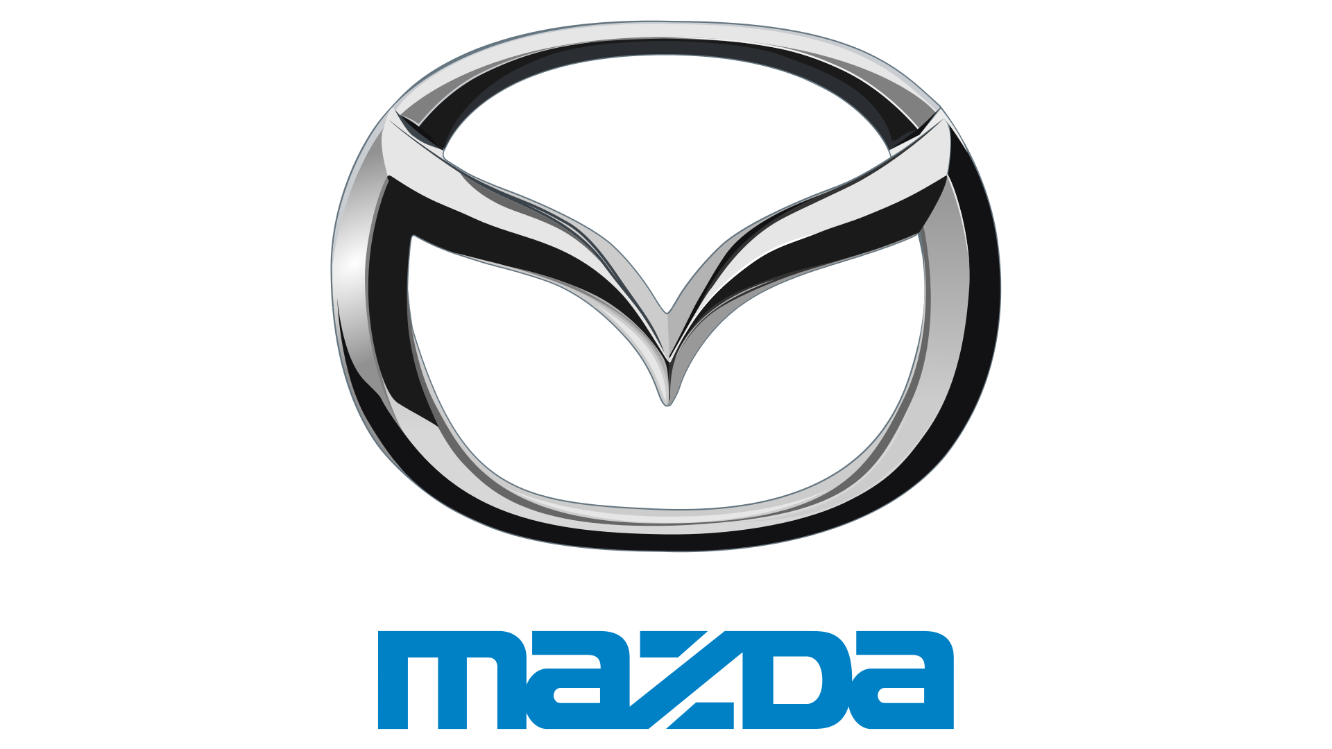 Mazda Silver Emblem With Blue Wordmark Transparent Background PNG Image