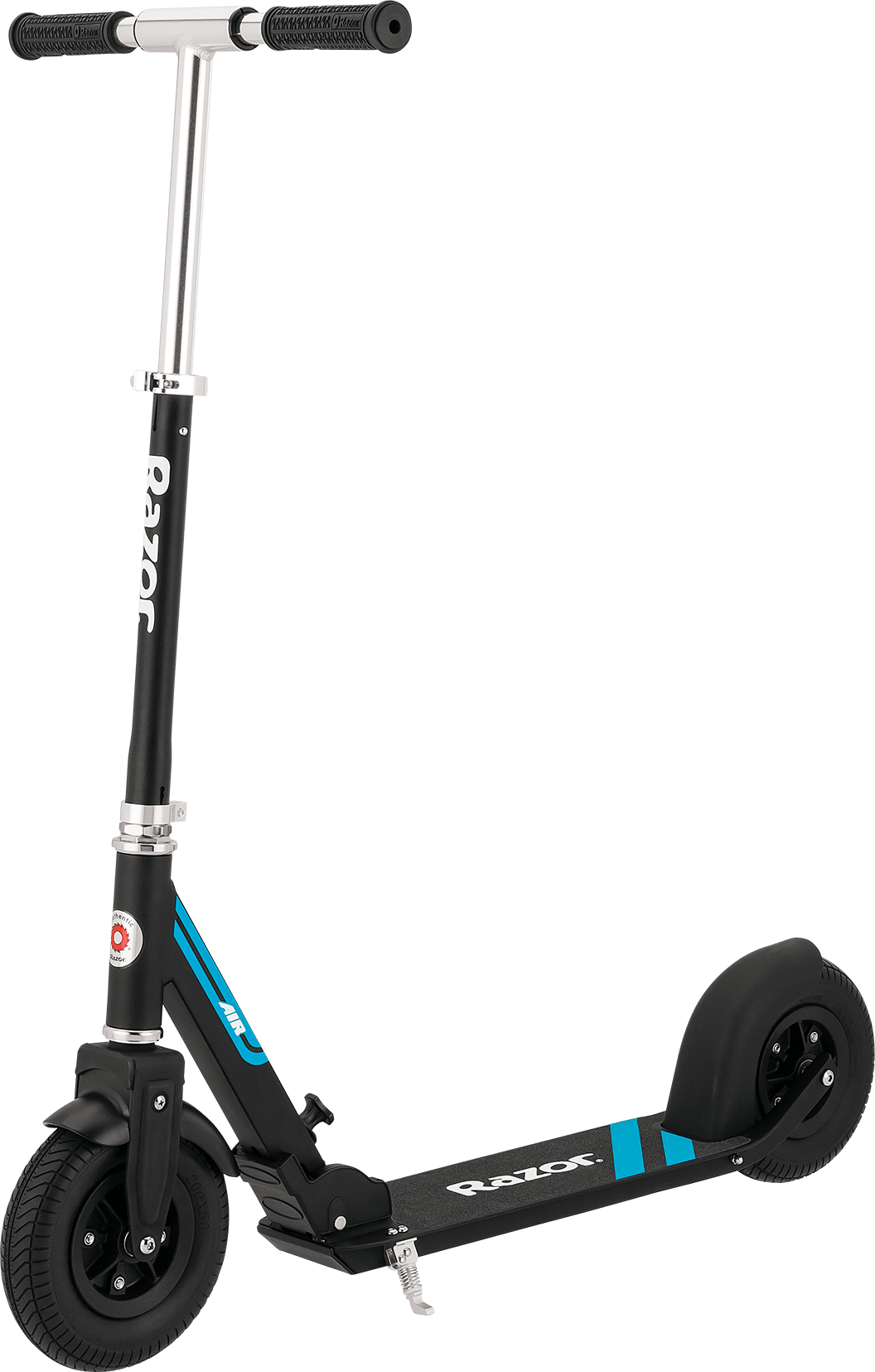Black Electric Kick Scooter With Blue Deck Accent PNG