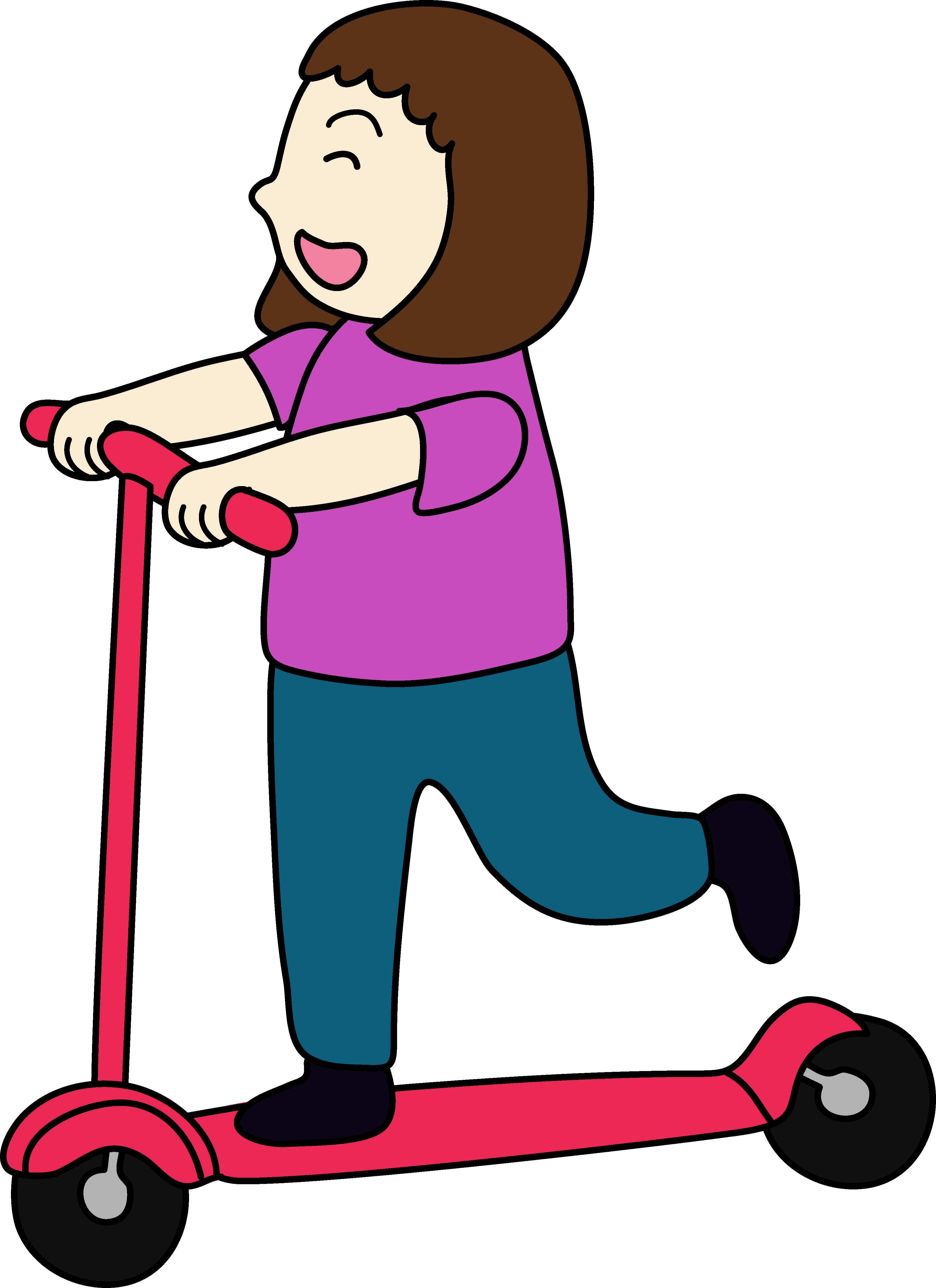 Cartoon Girl Riding Pink Kick Scooter PNG