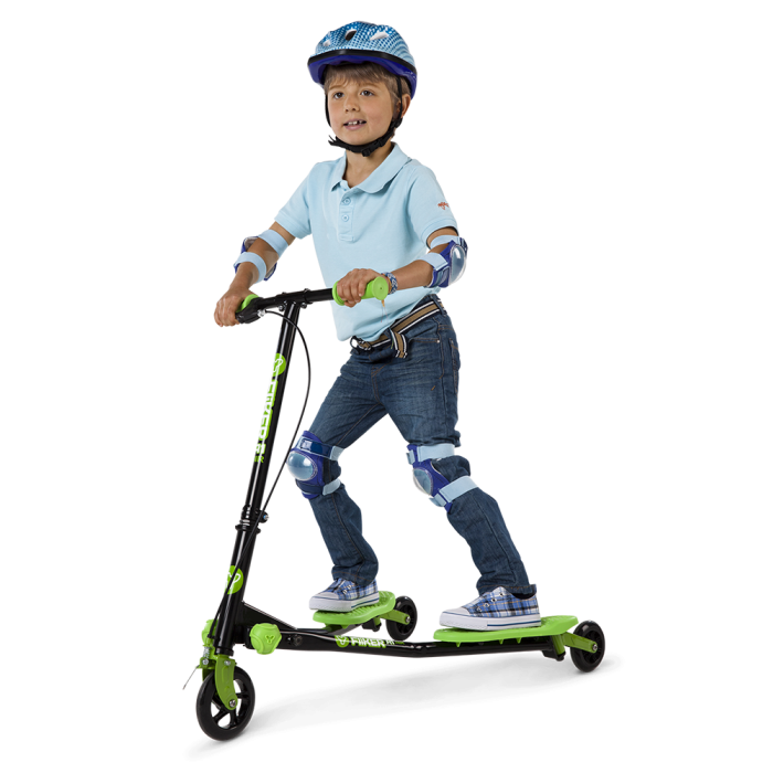 Child Riding Green Kick Scooter Safety Helmet PNG