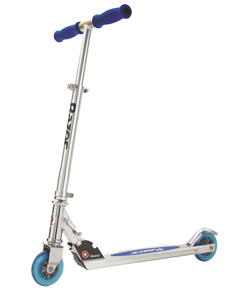 Silver Blue Kick Scooter With Blue Wheel Hubs PNG