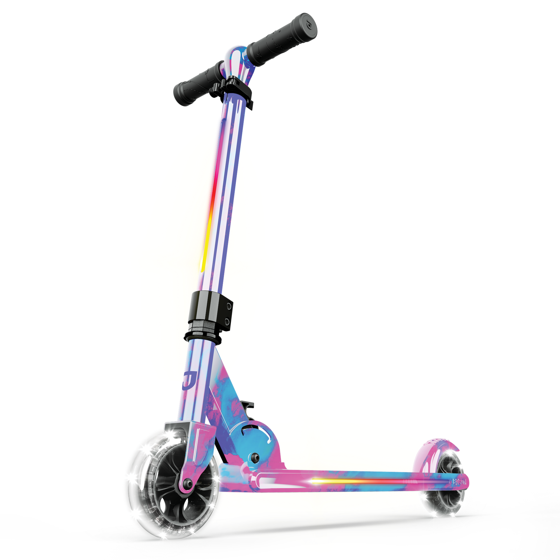 Pink Purple Kids Kick Scooter With Colorful Wheels PNG