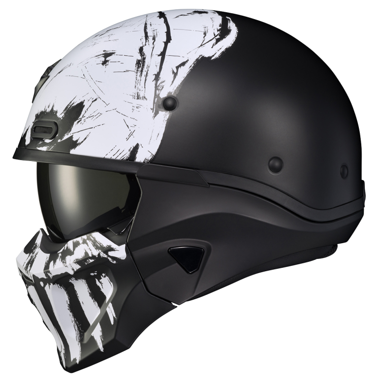 Black Skull Print Half Helmet With Face Covering Transparent Background PNG Image