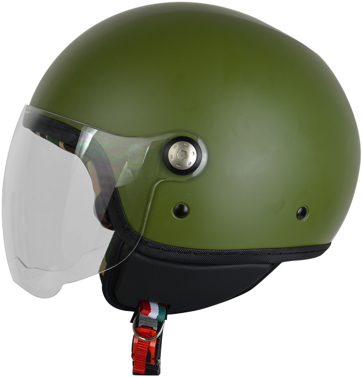 Olive Green Open Face Motorcycle Helmet With Clear Shield Transparent Background PNG Image