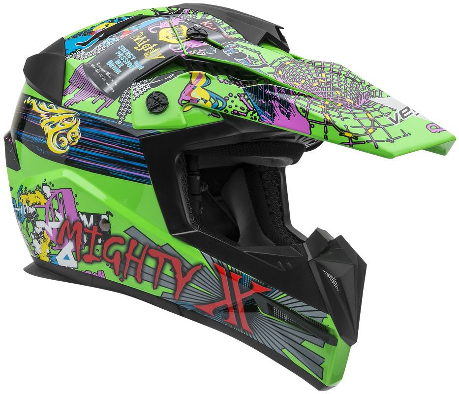 Green Purple Graphic Motocross Helmet With Peak Transparent Background PNG Image