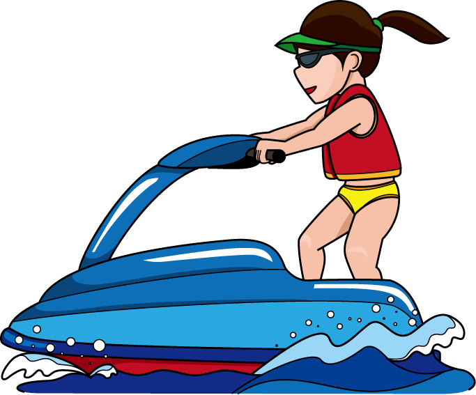Cartoon Girl Riding Blue Personal Watercraft With Ocean Waves Transparent Background PNG Image