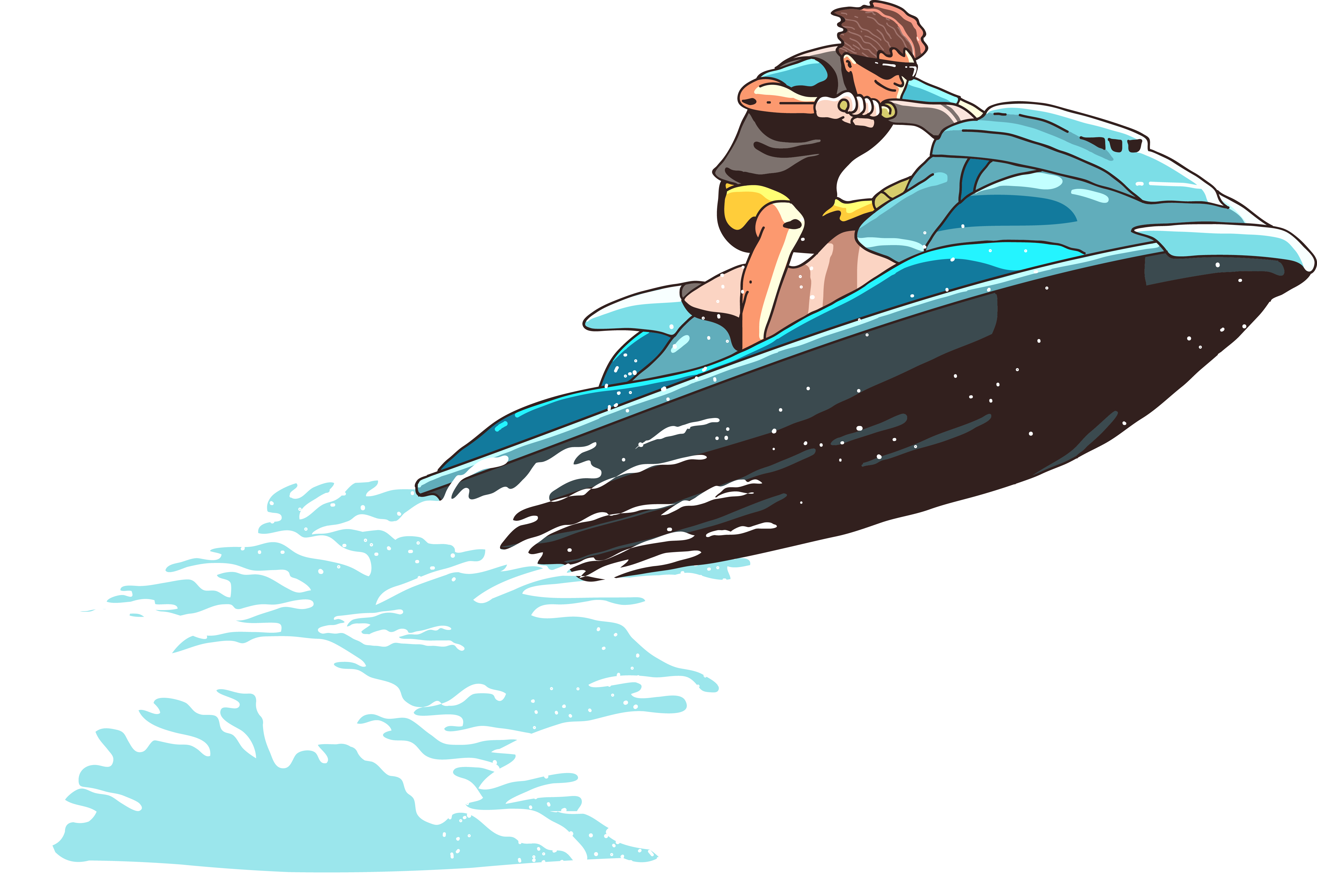 Cartoon Woman Riding Turquoise Jet Ski With Water Splash Transparent Background PNG Image