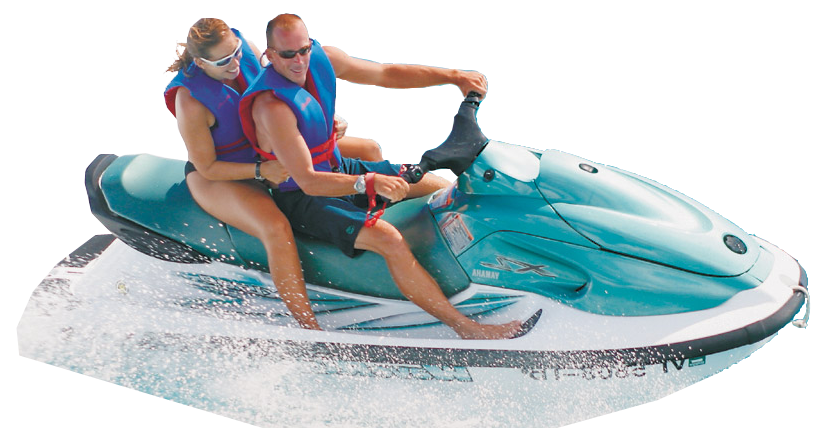 Couple Riding Turquoise Personal Watercraft On Lake Transparent Background PNG Image