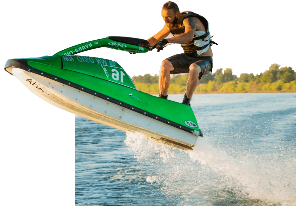 Man Riding Green Personal Watercraft On Lake Transparent Background PNG Image