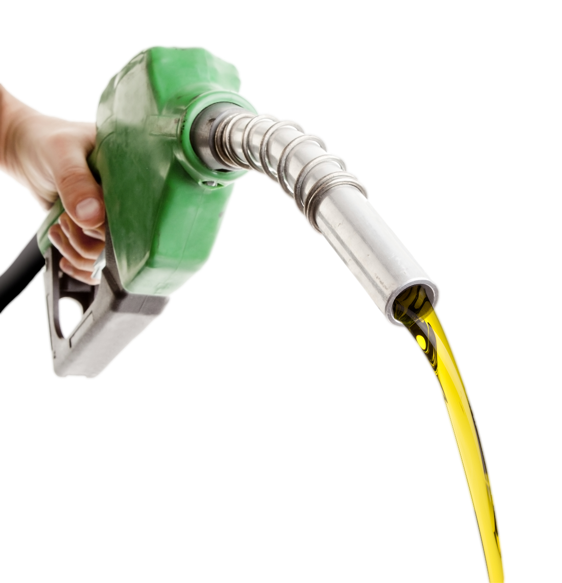 Hand Holding Green Fuel Nozzle With Yellow Hose Transparent Background PNG Image